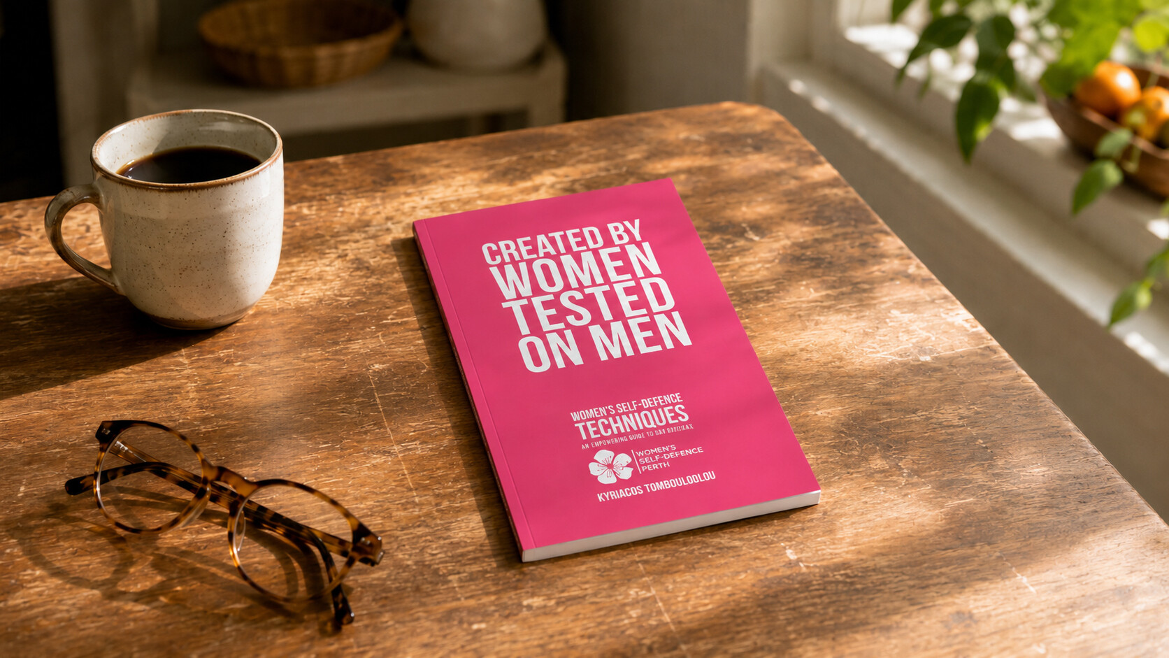 Created By Women Tested On Men book on a kitchen table with coffee and reading glasses
